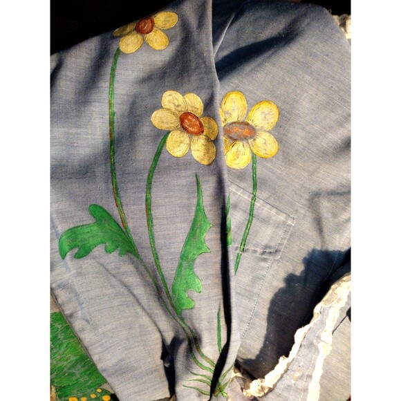 VTG 70s Artsy Hand Painted Eyelet Lace Trim Frog Turtle Ladybug Bee Flowers Top - Picture 14 of 16